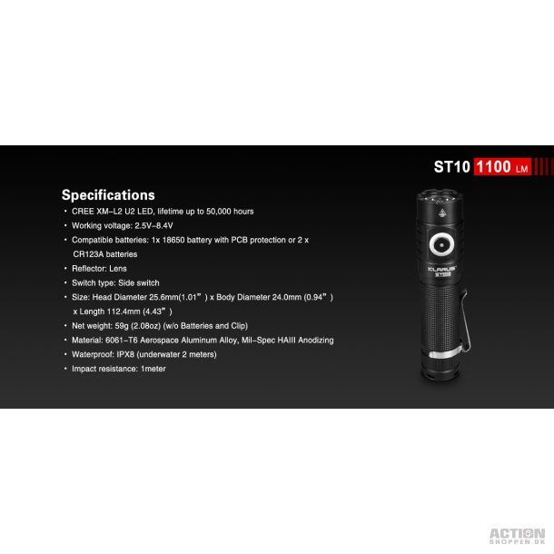 Klarus Flashlight lygte, ST10, 1100 lumens