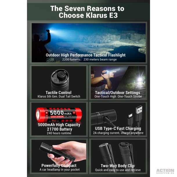 Klarus Outdoor High Performance Flashlight, E3, 2200 lumens