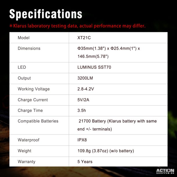 Klarus Compact Powerful Tactical Flashlight lygte, XT21C, 3200 lumens